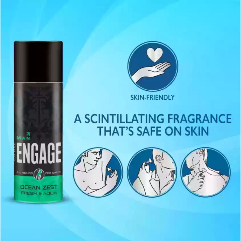 Engage Ocean Zest Deodorant for Men, Citrus & Aqua, Skin Friendly, Long-Lasting