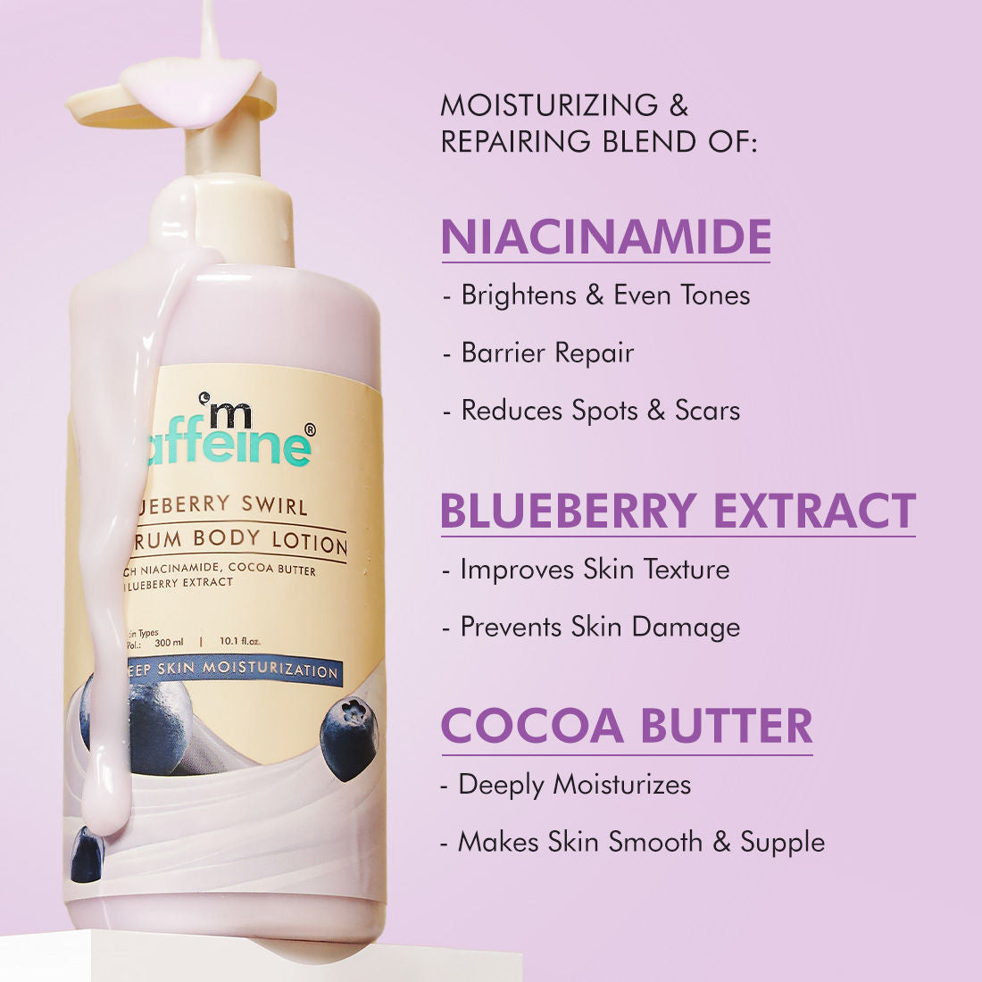 MCaffeine Blueberry Swirl Serum Body Lotion 72 hrs Deep Moisturization With Niacinamide