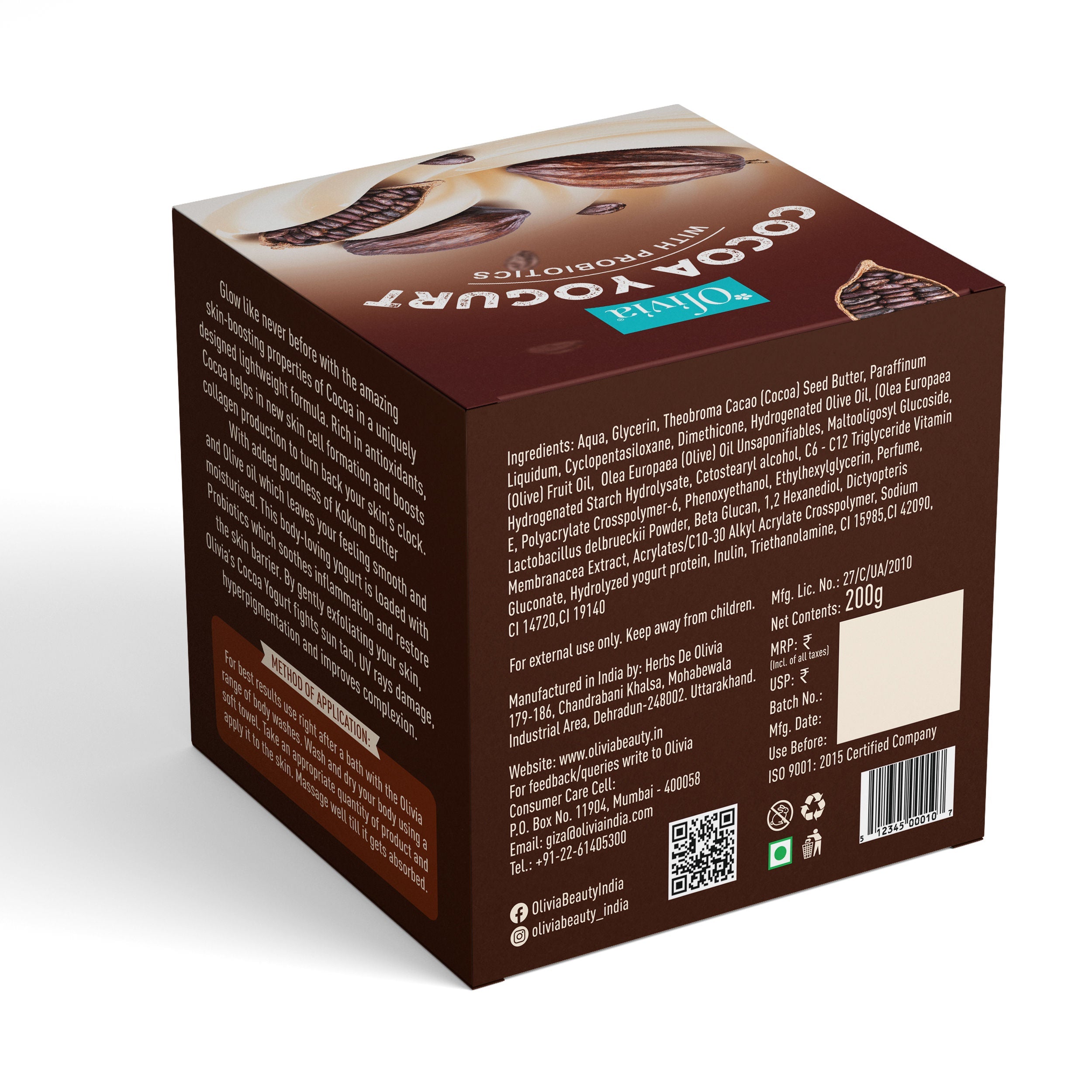Olivia Cocoa Yogurt Moisturiser – With Probiotics for Deep Repair & Smooth, Glowing Skin