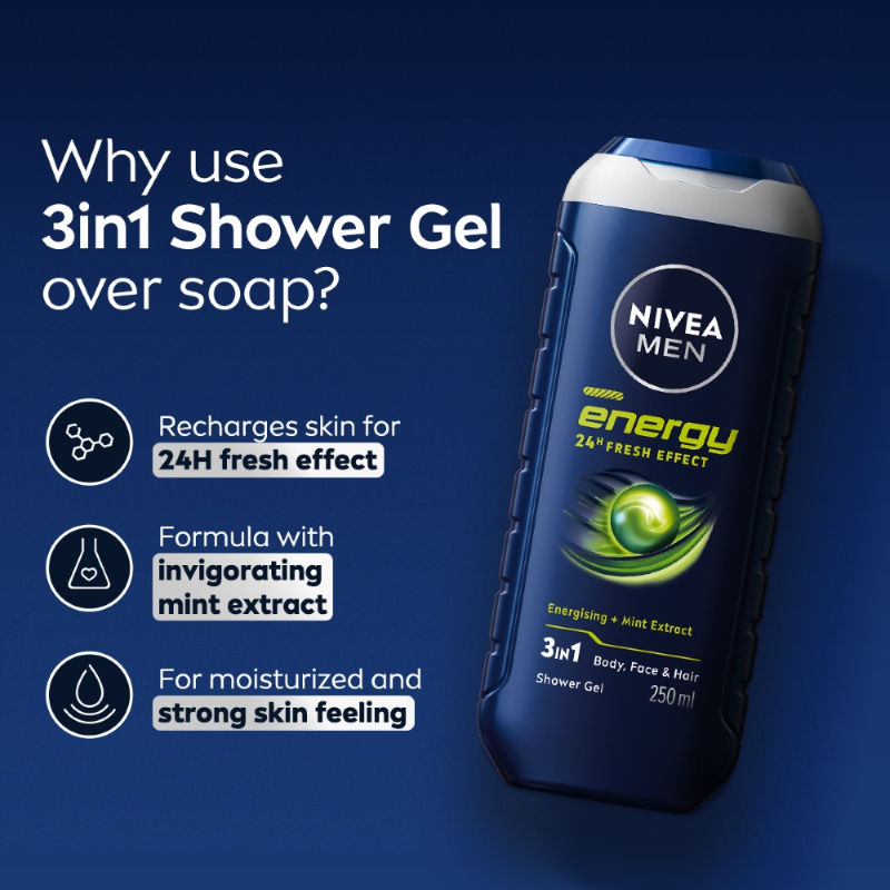 NIVEA MEN Body Wash, Energy with Mint Extracts, Shower Gel for Body, Face & Hair