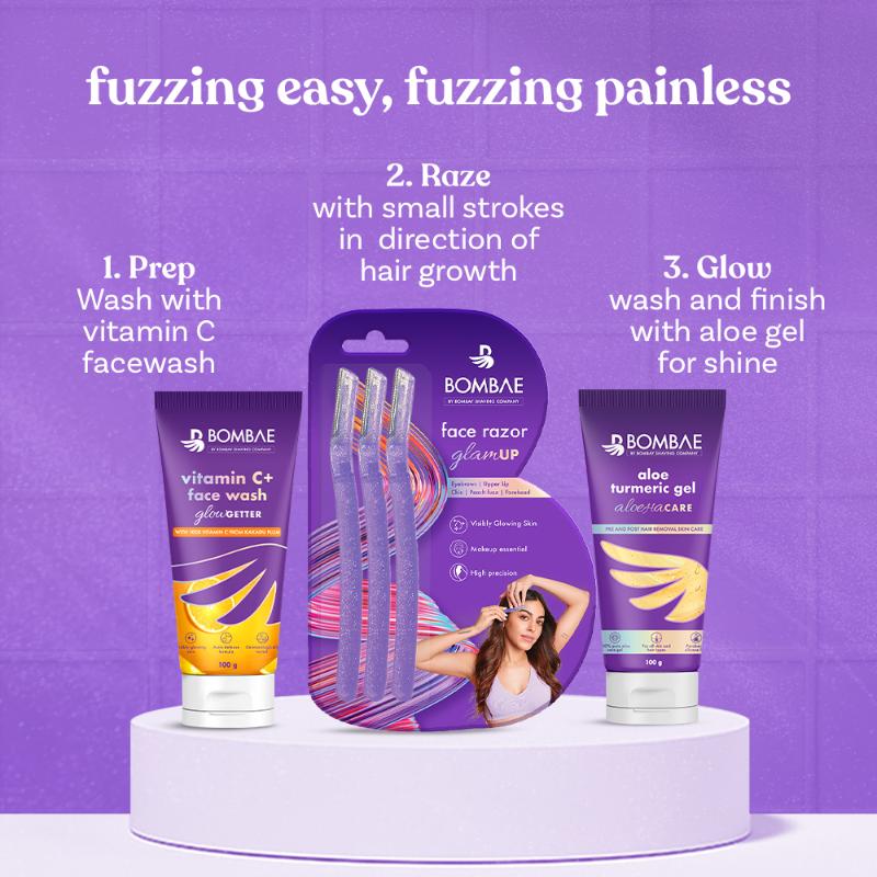 Bombae Glamup Face And Eyebrow Facial Hair Remover-Painless Glitter Razor For Beauty Makeup-3 Pack