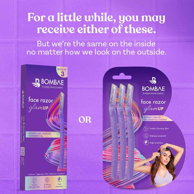 Bombae Glamup Face And Eyebrow Facial Hair Remover-Painless Glitter Razor For Beauty Makeup-3 Pack