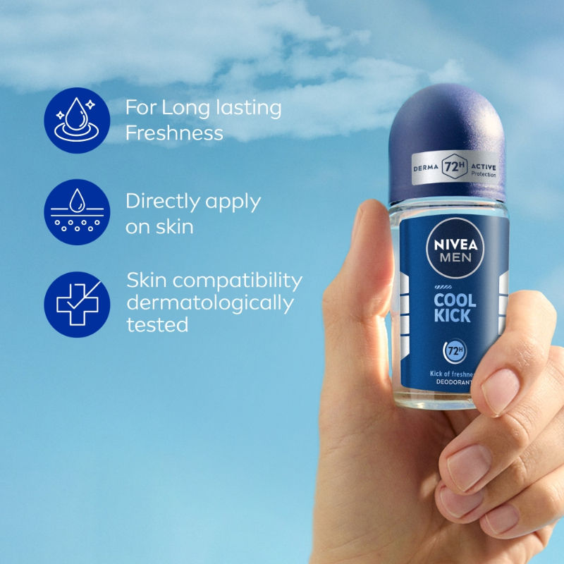 NIVEA Men Deodorant Roll On, Cool Kick, 48h Long lasting Freshness