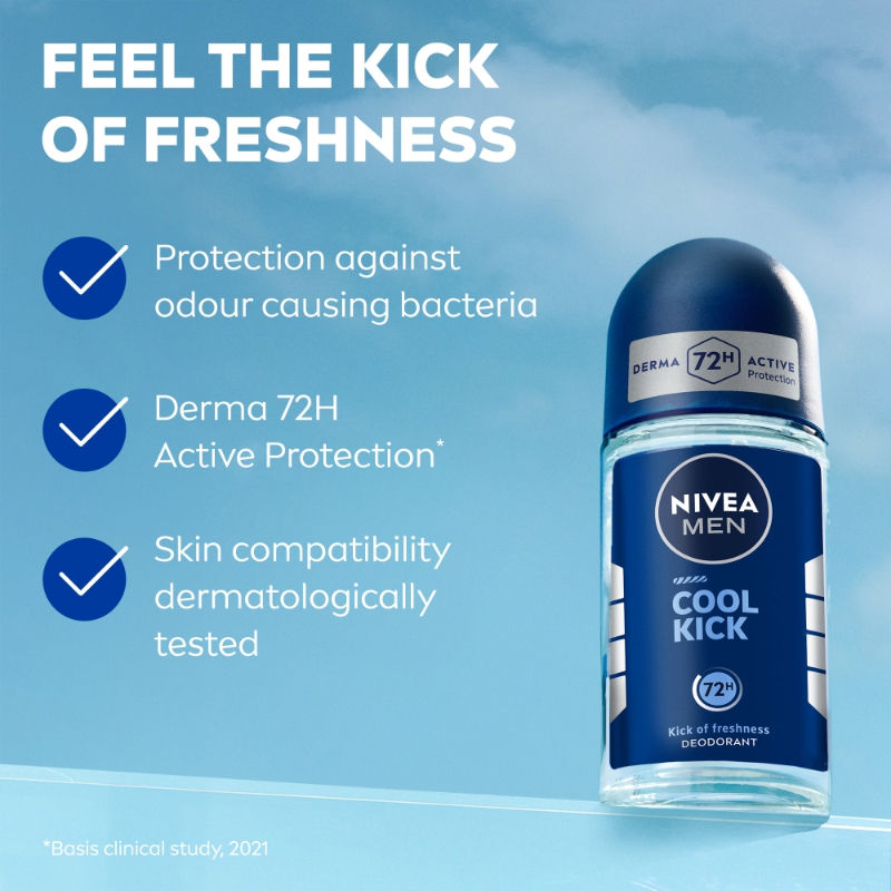 NIVEA Men Deodorant Roll On, Cool Kick, 48h Long lasting Freshness