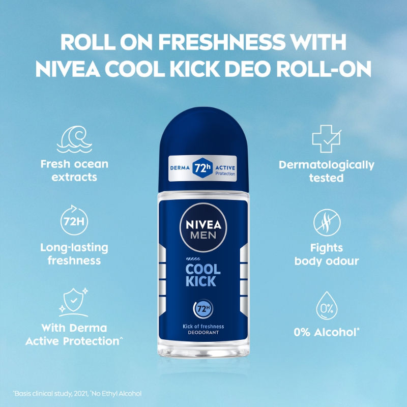 NIVEA Men Deodorant Roll On, Cool Kick, 48h Long lasting Freshness