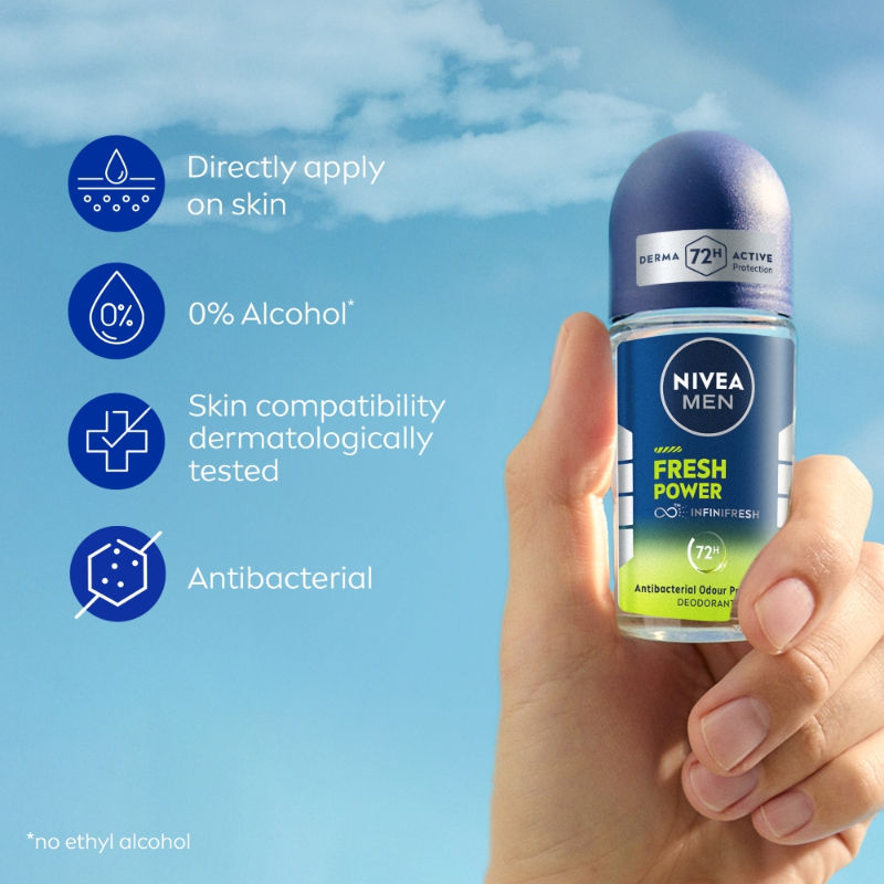 NIVEA MEN Deodorant Roll On- Fresh Power- 72h Long lasting Freshness with Fresh Musk Scent