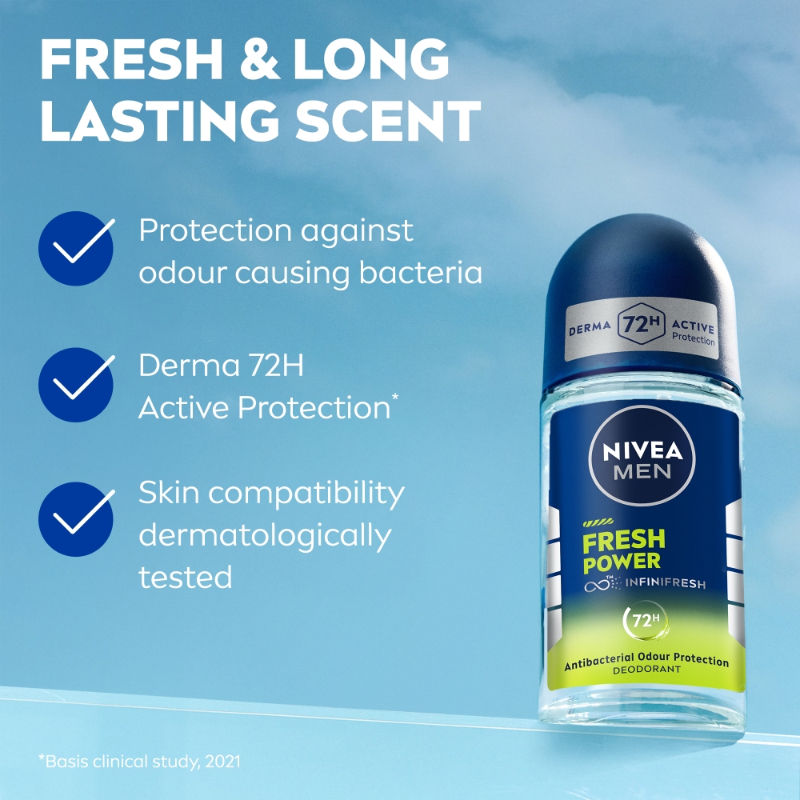 NIVEA MEN Deodorant Roll On- Fresh Power- 72h Long lasting Freshness with Fresh Musk Scent