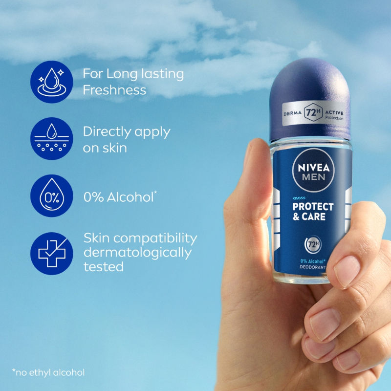 NIVEA MEN Deodorant Roll On, Protect & Care, No Skin Irritation & 48h Freshness