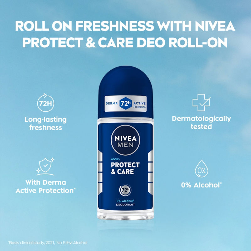 NIVEA MEN Deodorant Roll On, Protect & Care, No Skin Irritation & 48h Freshness