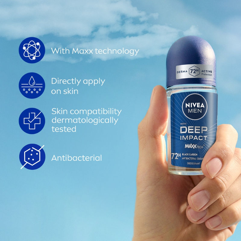 Nivea Men Deodorant Roll On Deep Impact Maxx Tech Freshness Black Carbon 72H Anti Perspirant Freshness
