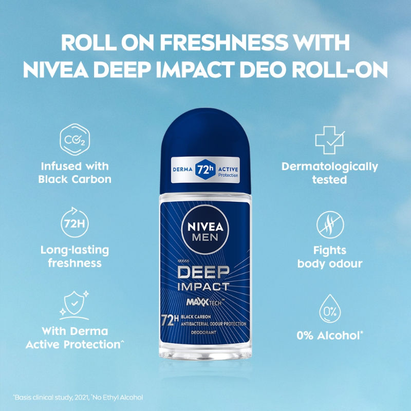 Nivea Men Deodorant Roll On Deep Impact Maxx Tech Freshness Black Carbon 72H Anti Perspirant Freshness