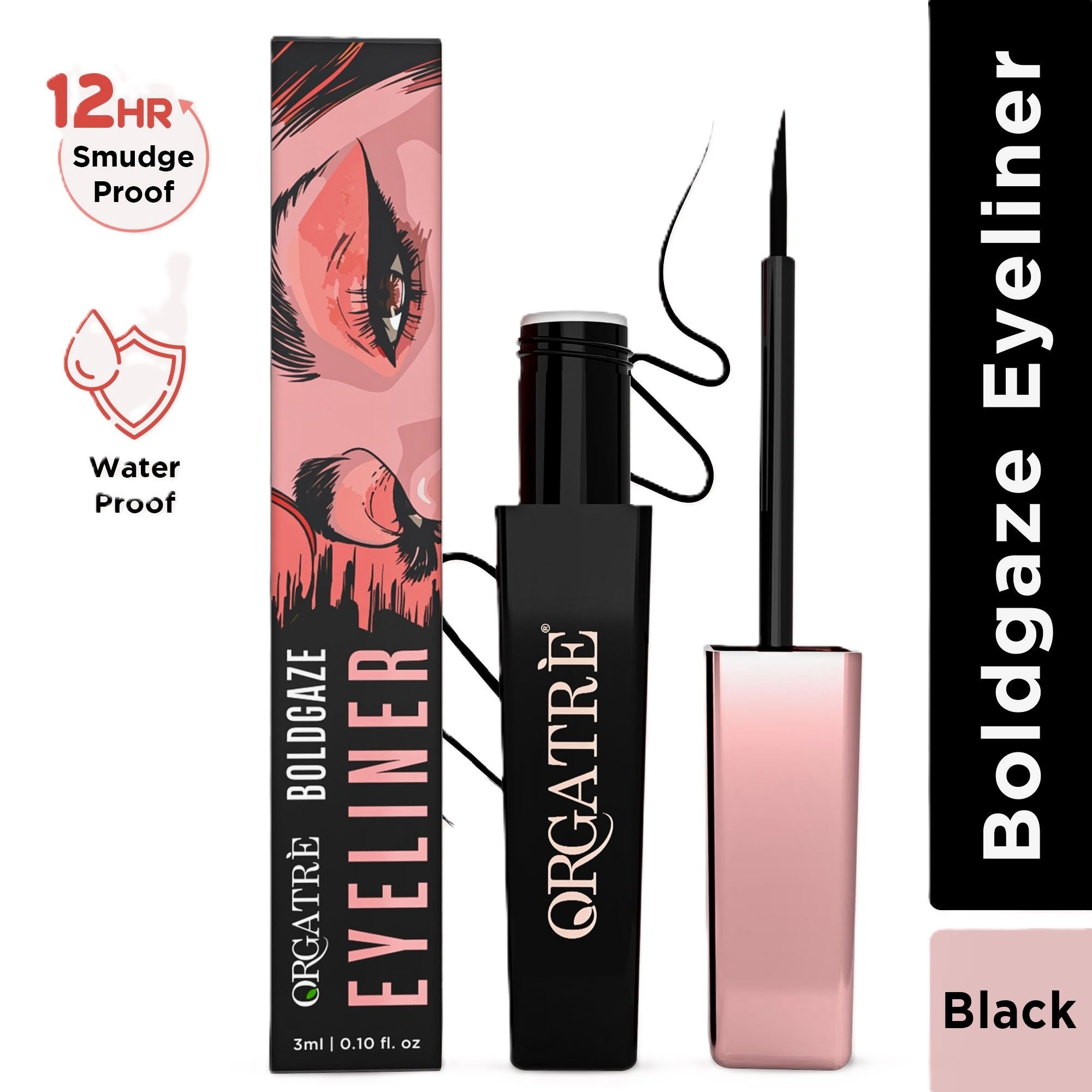 Orgatre Waterproof Liquid Eyeliner, Smudgeproof 24 Hr Infused With Glycerin Jojoba Oil, & Vitamin C