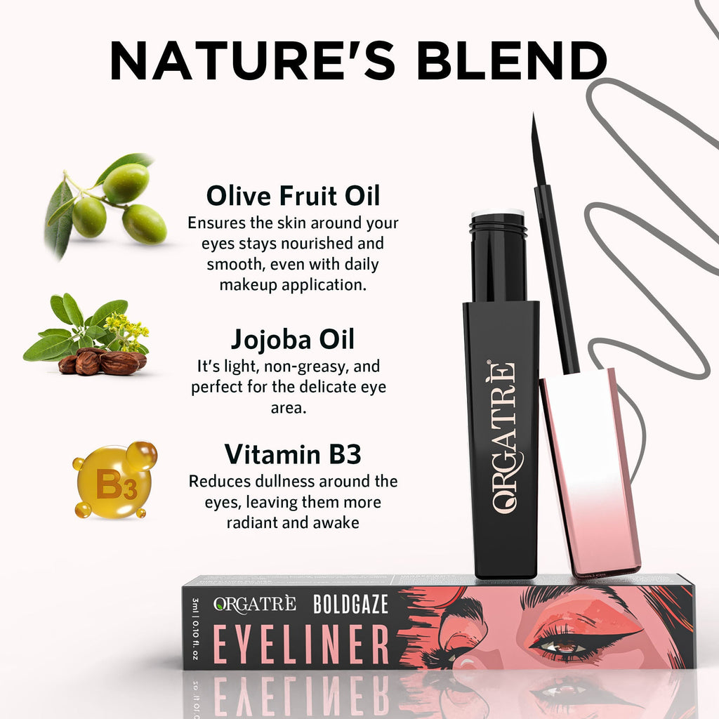 Orgatre Waterproof Liquid Eyeliner, Smudgeproof 24 Hr Infused With Glycerin Jojoba Oil, & Vitamin C