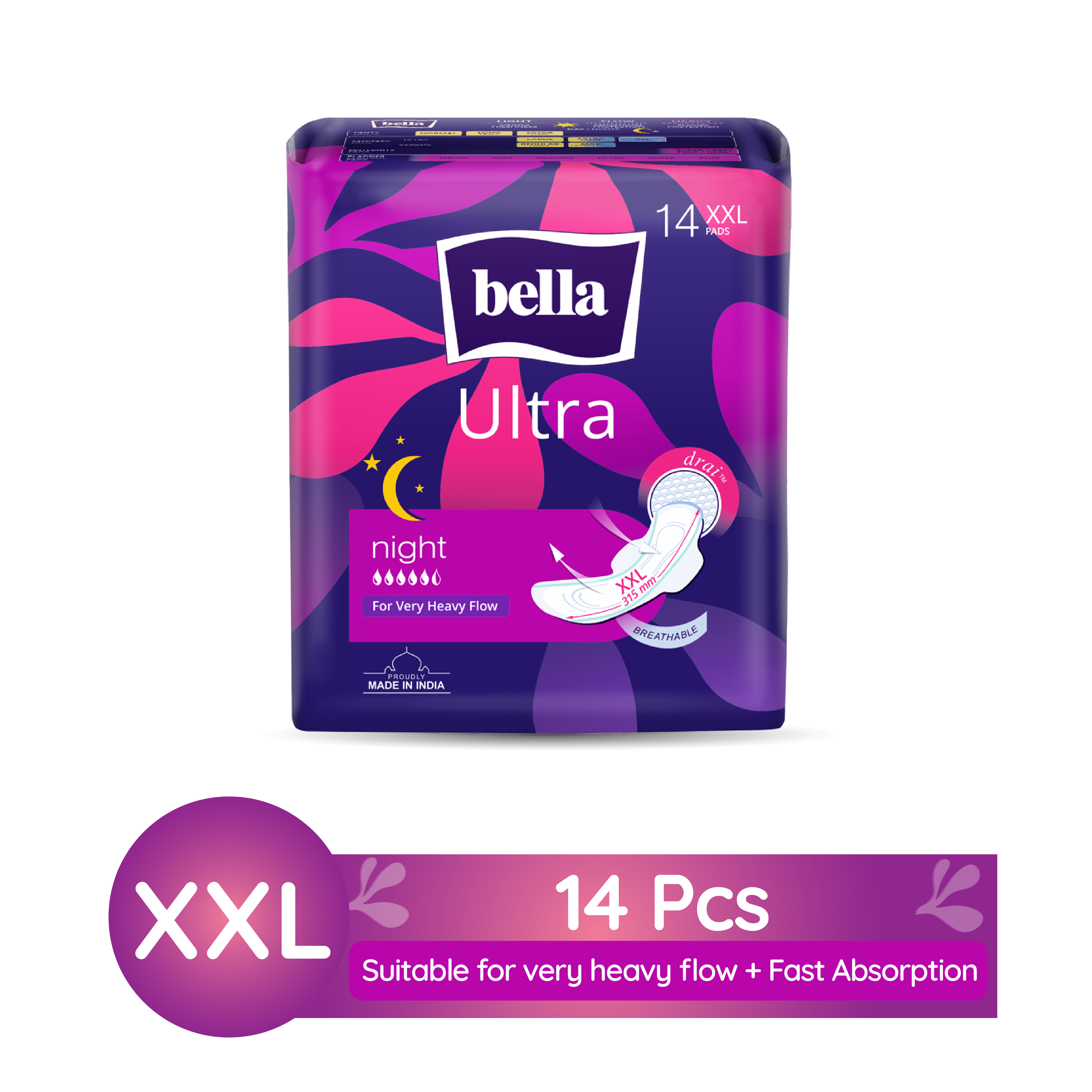 Bella Ultra Thin Night Drai Sanitary Pads, Breathable & Suitable for Very Heavy Flow (14Pcs)