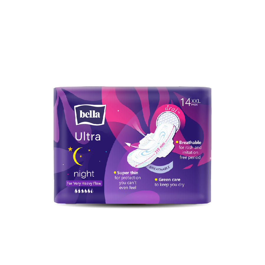 Bella Ultra Thin Night Drai Sanitary Pads, Breathable & Suitable for Very Heavy Flow (14Pcs)
