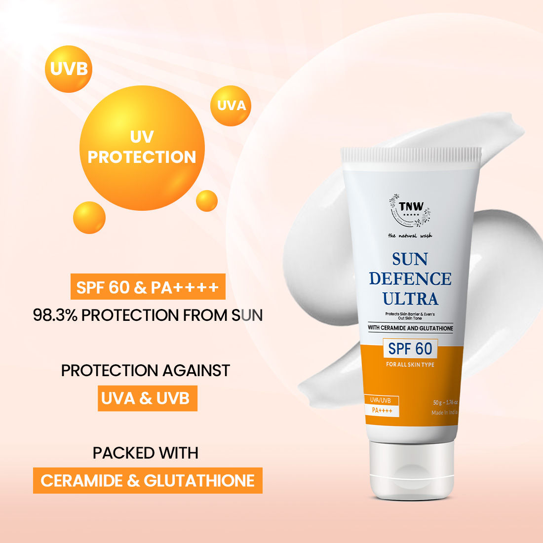 TNW The Natural Wash Sun Defence Sunscreen SPF 60 UVA UVB PA++++ Sunblock Suncream